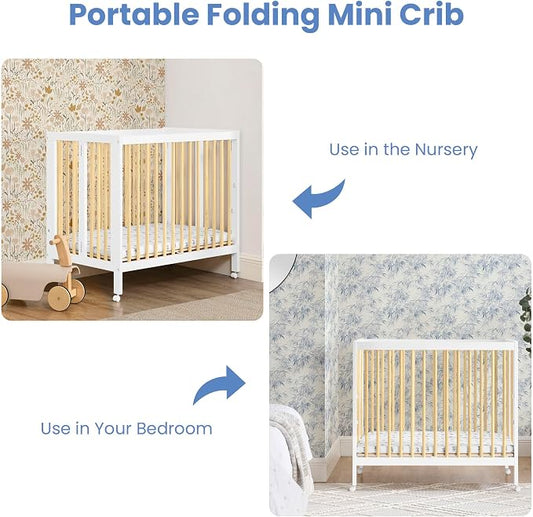 Delta Children Mia Portable Folding Mini Crib with 1.5-Inch Mattress - Greenguard Gold Certified, Bianca White/Natural