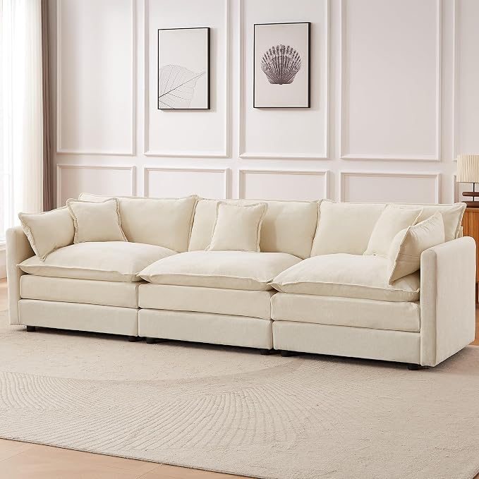 Modular Sectional Sofa, 112.2 Inch Rectangle Shaped Couch Set with Armrests, 3-Seater Comfy Cloud Couches for Living Room Apartment, Beige