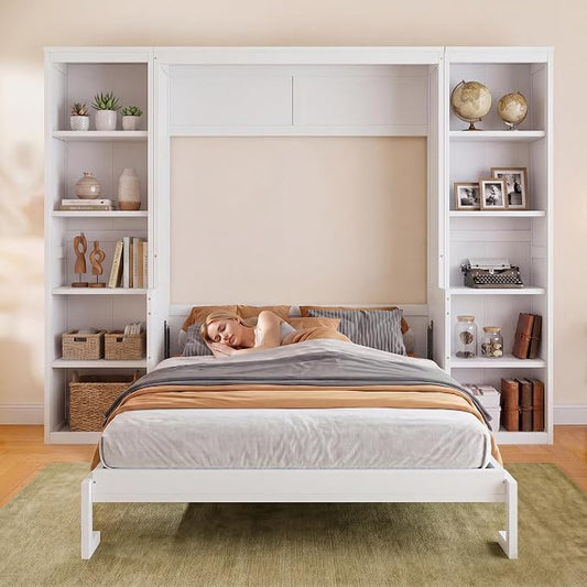 Olela Murphy Bed Full Size with Desk & Storage, Vertical Murphy Wall Bed Cabinet Desk & Bookcase Storage Combo, Space Saving Hideaway Beds for Home Office Guest Room, White