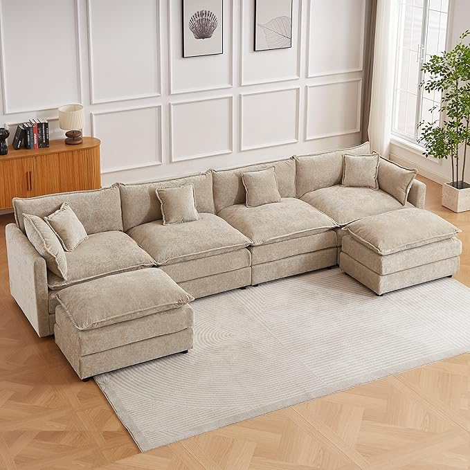 Modular Sectional Sofa, 147.2 Inch U Shaped Couch Set with Armrests, 4-Seater Comfy Cloud Couches with Movable Ottoman for Living Room Apartment, Coffee
