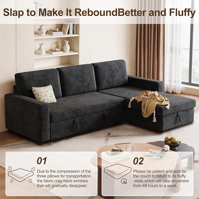 81" Convertible L-Shaped Pull Out Sectional Sleeper Sofa Bed, Dark Gray | Storage Chaise, Pull Out Sectional Couch, Removable Cushions, Chenille Fabric, For Small Apartment & Living Room