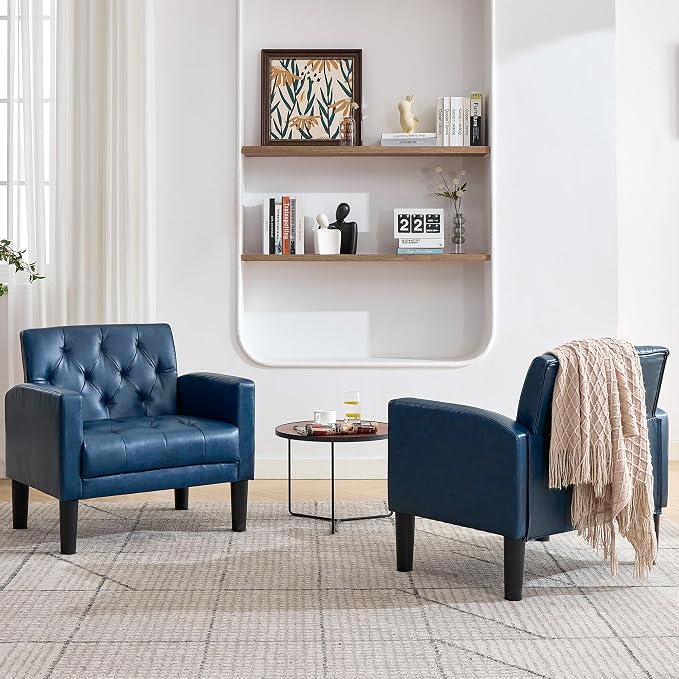 TYBOATLE Accent Chairs Set of 2 Comfy Living Room Chair Leather Tufted Mid Century Modern Accent Chair, Small Cozy Reading Arm Chair for Office, Bedroom (2, Blue)