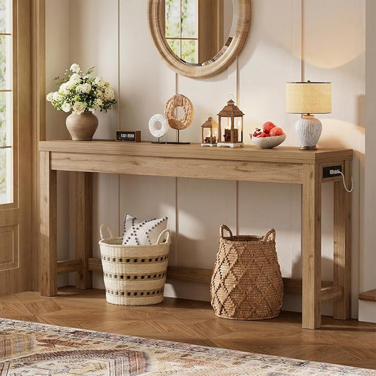 Cyclysio 63" Console Table with Charging Station, 13.8" Deep Farmhouse Sofa Table Behind Couch with 2 AC Outlets & 3 USB Ports, Long Entryway TV Console or Home Office Desk, Natural Oak