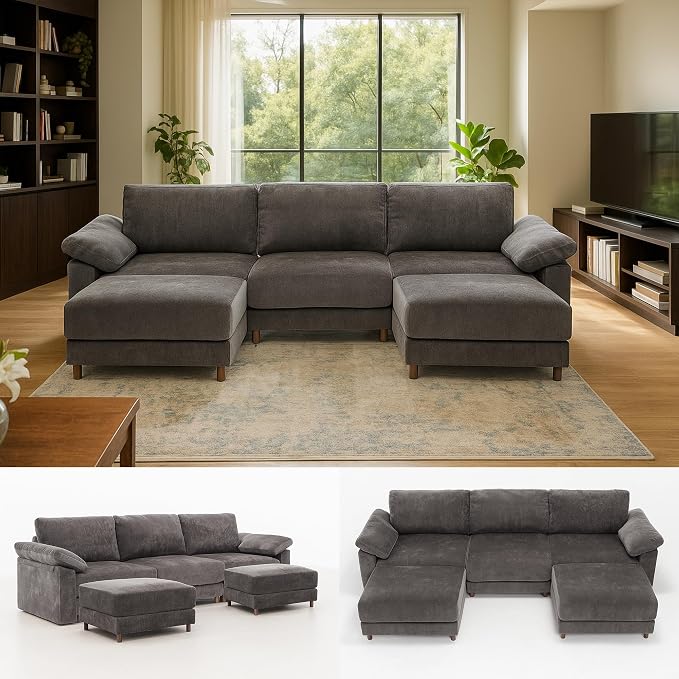 Oversized Modular Cloud Couch with Removable Washable Cover, U -Shaped Sectional for Large Living Room, Plush Chenille & Deep Seat(Grey)