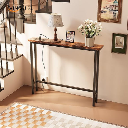 VINGLI 39" Console Table with Charging Station, 5.9" Narrow Sofa Table Behind Couch, Entryway Table with Power Outlet & 4.9 Ft Extension Cord & Adjustable Feet, for Living Room, Hallway, Rusitc Brown
