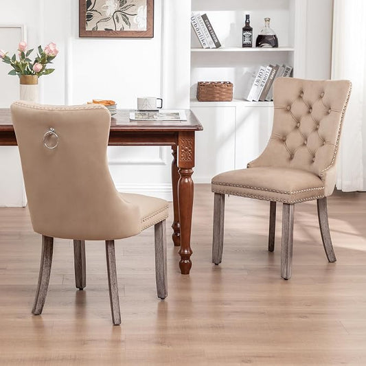 Mid Century Modern Dining Chair Set of 2 Velvet Upholstered Dining Accent Chair Farmhouse Dining Chairs with High Back and Nailhead Trim for Kitchen, Living Room, Bedroom (Khaki)