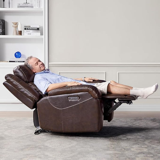 Watson & Whitely Oversized Genuine Leather Power Recliner Chairs for Big and Tall, Wall Hugger Recliner with Power Headrest & Charging Ports, Extra Large Reclining Chair for Living Room, Dark Brown