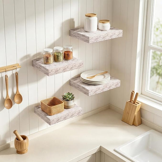 RICHFOCUS 8 Inch Floating Shelves for Wall Small Square Shelves Set for Plant|Bedroom|Kitchen|Bathroom Rustic Wood Wall Mounted Shelf with Invisible Brackets for Books|Storage|Decor, Rustic White
