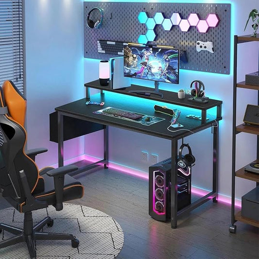 Lufeiya Small Desk with Power Outlets and LED Lights, 32 Inch Teen Writing Study Table Home Office Computer Desks with Monitor Stand, Gaming Desk with Charging Station, Black