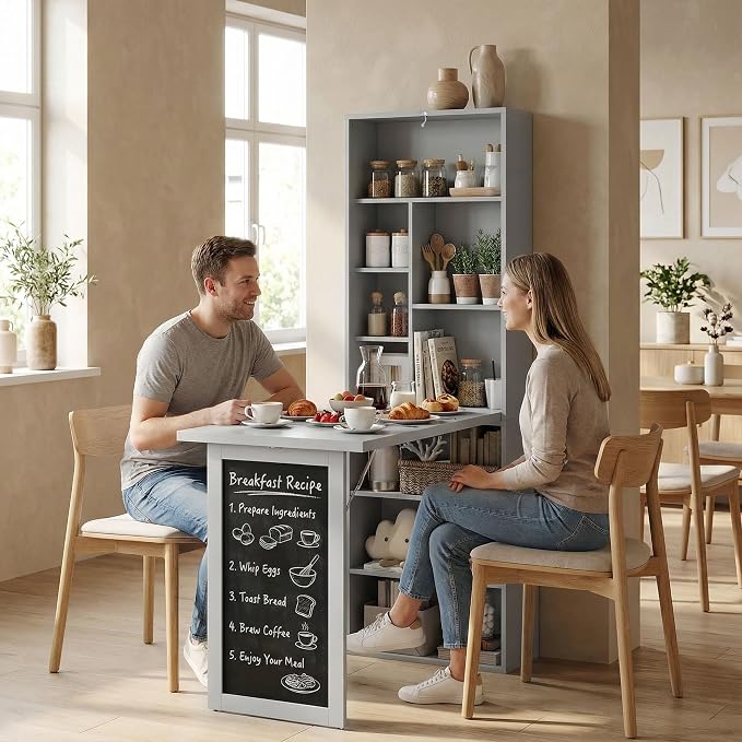 HOMCOM Foldable Convertible Writing Table, Wall Mounted Space-Saving Computer Desk with Chalkboard and Storage Shelves for Small Spaces, Home Office, Bedroom, Dorm, Apartment, Charcoal Gray
