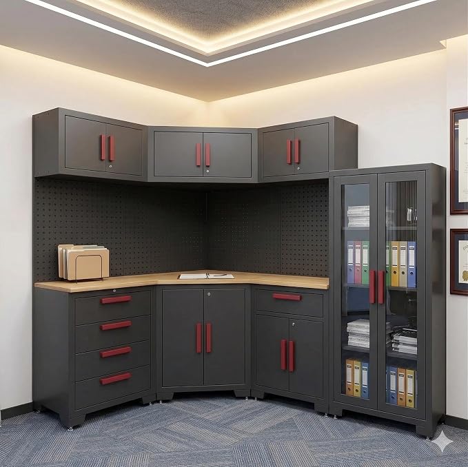 Corner Workshop Set,10-Pcs Garage Cabinets and Storage System with Corner Cabinet, Cabinet Drawers, Workbench, Pegboard for Tool Organization, Red and Black