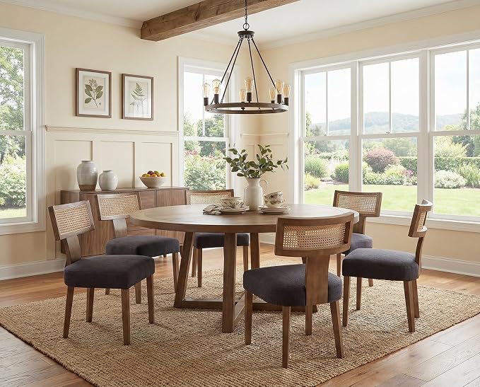 RIVOVA Rattan Dining Chairs Set of 6, Modern Fabric Upholstered Kitchen Chairs, Wooden Dining Room Chair Farmhouse Dinner Chair, Charcoal