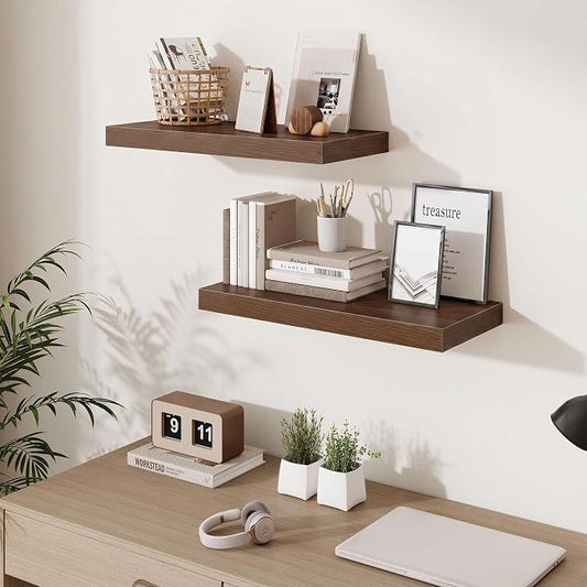 Fun Memories 24 x 10 Floating Shelves Wall-Mounted - Rustic Wood Shelf - 10 Inch Deep Floating Shelves for Wall - Large Storage Shelf for Bathroom - Kitchen & Bedroom - Walnut - Set of 3