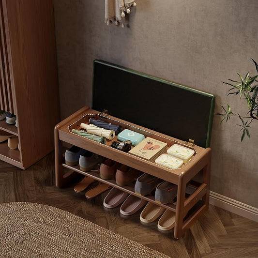 AQIMUELE Shoe Rack Bench,2 Tiers Shoe Bench with Storage with Flip-Top,Wood Shoe Rack for Entryway,Hallway(Green Upholstered Seat,11.8" D x 31.5" W x 15.7" H)