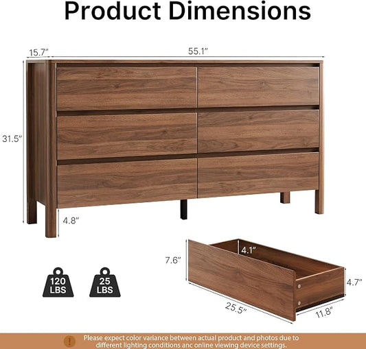MAISONARIA Walnut 3-Piece Dresser Bedroom Set, 6 Drawers Dresser & 2 Drawer Nightstands with Hidden Handles, Wood Chest of Drawers for Bedroom, Living Room, Entryway