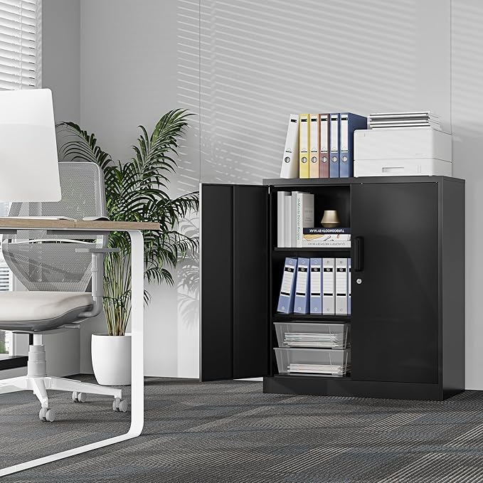 36" H Metal Storage Cabinet, Black Metal Cabinet with 2 Lockable Doors and 2 Adjustable Shelves, Garage Storage Cabinet for Home Office, Garage, School, Apartment, Warehouse