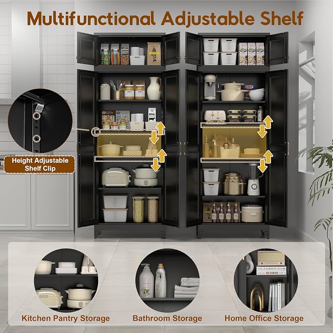 UNICOLY 90.8" H Kitchen Pantry Cabinet, Tall Storage Cabinet with Doors and 4 Shelves, Metal Storage Cabinets for Kitchens, Living Room, Dinning Room, Assembly Required, Black