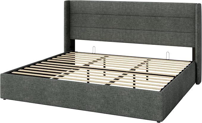SHA CERLIN King Size Lift Up Storage Bed/Modern Wingback Headboard/Upholstered Platform Bed Frame/Hydraulic Storage/No Box Spring Needed/Wood Slats Support/Dark Grey