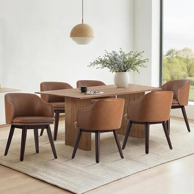 KISLOT Wooden Dining Chairs Set of 4, Faux Leather Upholstered Modern Dining Room Chairs with Barrel Backrest & Double-Layer Thick Cushion for Living Room, Restaurant, Kitchen and Café, Brown, 2 Boxs