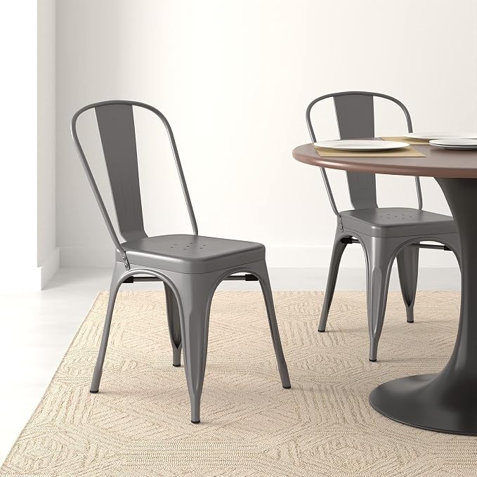 Amazon Basics Metal Dining Chairs, Easy to Assemble, Indoor/Outdoor, Stackable, 330-Pound Capacity, Dark Gray, 4-Pack, 20.1 x 17.1 x 33.5 inches