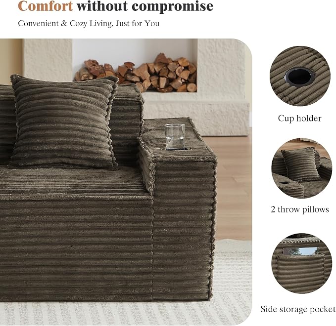 2 Pcs Living Room Cloud Sofa Set,Boneless Sofa Couch with Cup Holder and Side Pocket for Compact Living Rooms, Apartments (Brown, Loveseat 3 Seat Sofa)