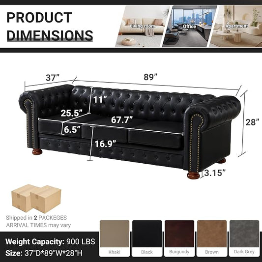 Chesterfield Leather Sofa, 89" Mid Century Modern Couch with Low Back, Roll Arm Nailhead Trim Classic 3 Seater Couch for Living Room, Office, Apartment, PU Black