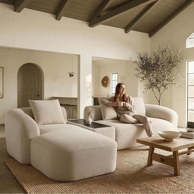 Relefree Curved Sectional Sofa, 136" Chenille Curved Couch with Movable Coffee Table, Couches with High-Resilience Foam, Boneless Sofa for Living Room, Oversized, Cloud Comfort, Thick Backrest White