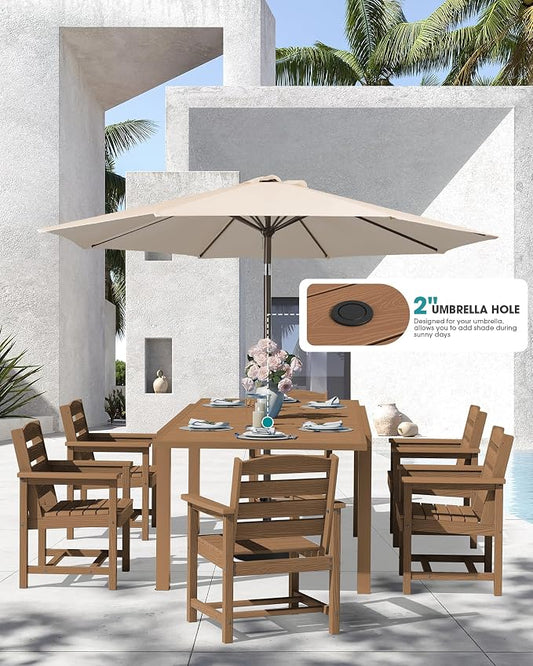 SERWALL 10-Piece Patio Dining Sets with 15FT Patio Umbrella, Brown | 60" - 83" Expandable Outdoor Dining Table and 8 HDPE Chairs, All Weather HDPE Outdoor Furniture Set