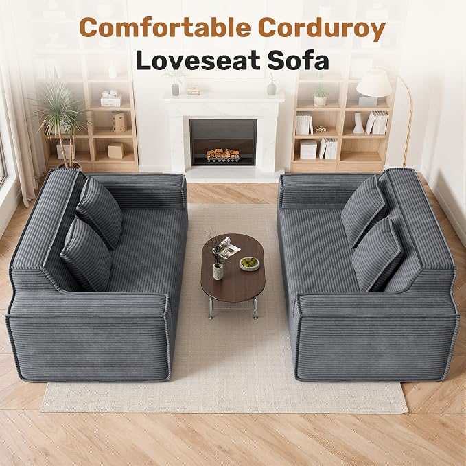 75'' Modern Cloud Loveseat Sofa Set of 2, No Assembly Required Comfy Deep Seat Couches 2 pcs for Living Room, Bedroom, Apartment (Corduroy-Grey)
