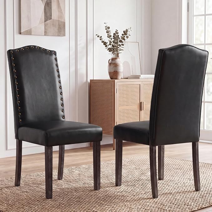 LSSBOUGHT PU Dining Chair Set of 4 Upholstered Parsons Kitchen Chair with Copper Nails and Solid Wood Legs for Dining Room,Restaurant(Black)