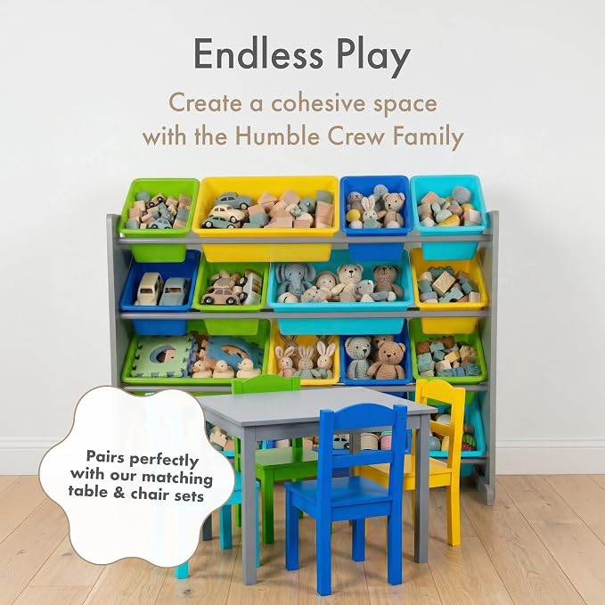 Humble Crew Toy Storage Organizer with 16 Removable Storage Bins for Kids Playroom, 4-Tier Toddler Toy Organization and Storage, Grey/Blue/Green/Yellow