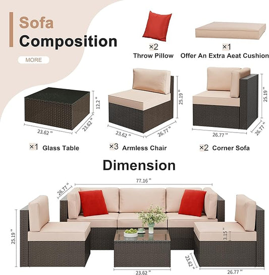 6 Pieces Patio Furniture Set Outdoor Couch Wicker Sectional Sofa, Beige