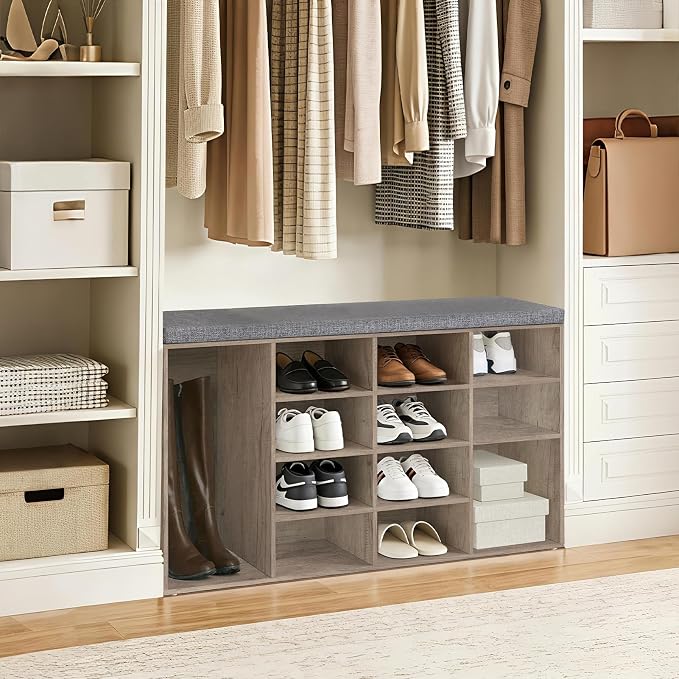 DINZI LVJ Shoe Storage Bench with Cushion, 14-Cubby Shoe Rack, Adjustable Shelves, Multifunctional Shoe Organizer Bench for Entryway, Mudroom, Hallway, Living Room, Bedroom and Garage, Greige