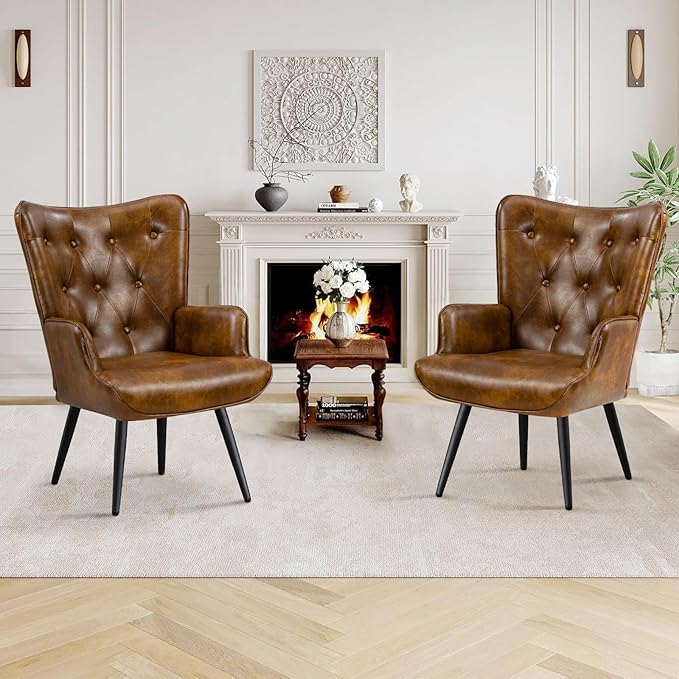 Furniliving PU Leather Accent Chair for Living Room, Upholstered Reading Chair with High Backrest, Tufted-Button Wingback Armchair for Bedroom, Dressing Room, Home Office, Brown