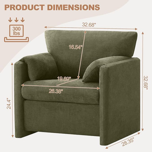 Oversized Accent Chair for Living Room, 32.68" Large Modern Armchair with Deep Seat, Mid-Century Comfy Reading Chair with Padded Arms, Chenille Single Sofa Chairs for Bedroom, Green