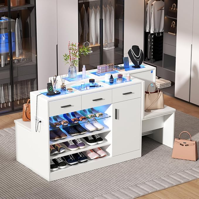 Wardrobe Armoire Closet with Charging & LED Light,Walk-in Closet Island Dresser with Glass Showcase,3 Drawers & Doors, Modern Storage Display Cabinet with Bench for Bedroom,Fitting Room & Shops๏ผWhite๏ผ