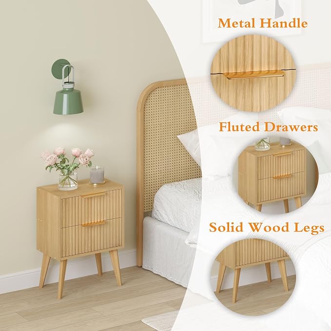 YAUKOMEL Fluted Nightstand,Small Bedside Table,Natural Wood Night Stand,Light Wood Side Table with Solid Wood Legs,End Table for Bedroom,Small Space 11.8" D x 15.7" W x 22.8" H Natural CTG55Y