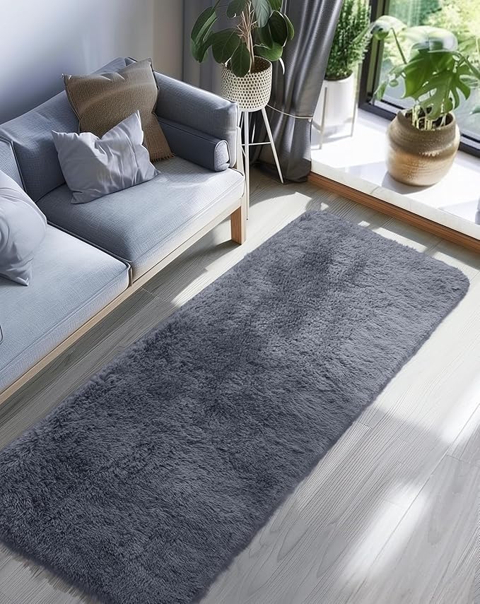 Ophanie 2x6 Washable Runner Rug for Hallway,Non-Slip Fluffy Soft Bedside Rugs, Bedroom Living Room Grey Shaggy Gray Carpet for Kids Girls Boys Dorm Nursery Home Decor Aesthetic