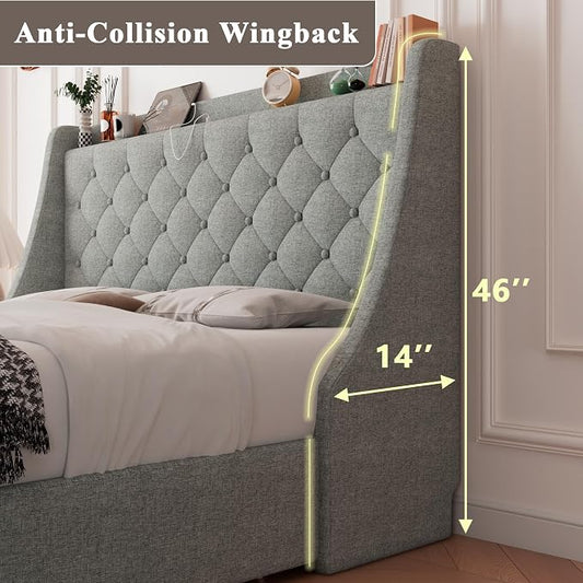 Feonase Upholstered Full Size Bed Frame with 4 Storage Drawers, Charging Station and Tufted Wingback Storage Headboard, No Box Spring Needed, Easy Assembly, Light Grey