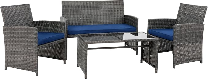 4 Piece Patio Ratten Set Outdoor Furniture Set Wicker Conversation Set with Cushions and Tempered Glass Tabletop,Deep Blue