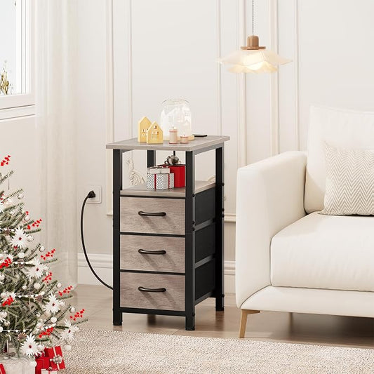 Vagusicc Night Stand with Charging Station, Narrow Nightstand with U-S-B Ports and Outlets, End Table with 3 Fabric Storage Drawers, Small Bedside Table, Greige