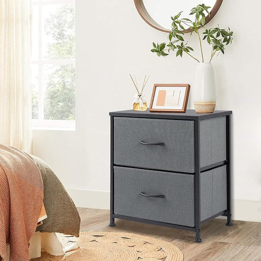 DUMOS Nightstand Set of 2, Small Dresser with 2 Fabric Drawers Side Bedroom End Table Kids Bedside Storage Furniture for 25 inch Tall Night Stand for Closet, Entryway, College Dorm, Ash