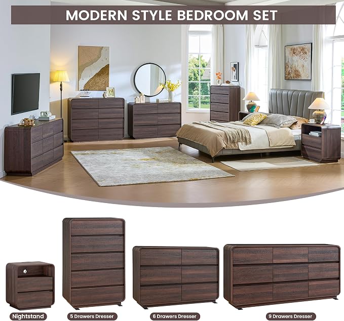 Standifurno 9 Drawer Double Dresser for Bedroom, Modern Curved Wood Chest Drawers of Handleless, Large Storage Dresser Bedroom, Living Room, Entryway, Walnut