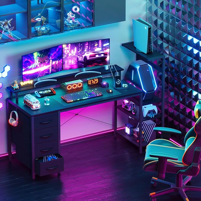 59 Inch Gaming Desk with LED Lights and Power Outlets, Computer Desk with Storage Shelves, Fabric Drawers, Monitor Stand & Side Hook, Reversible Gamer Table for Home Office, Carbon Fiber Black