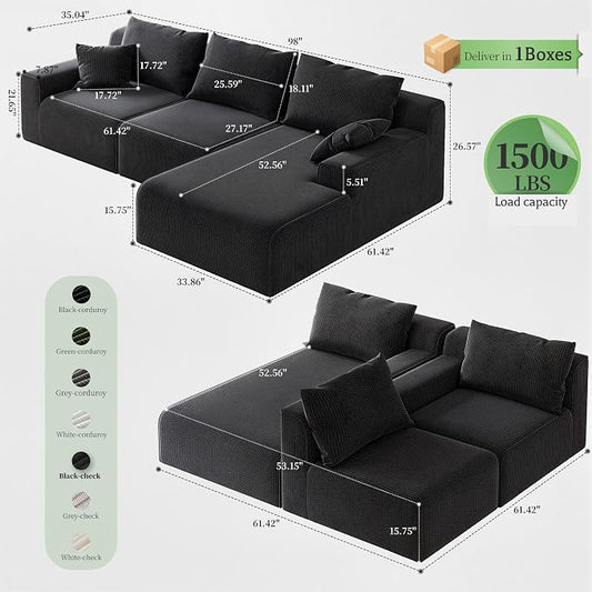 Homkdom 98" Boneless Modular Sectional Sofa, Cloud Couch with 27" Deep Seat & Oversized Chaise, L-Shaped High-Density Foam Sofa for Living Room, No Assembly Required (Black-Check, Right Facing)