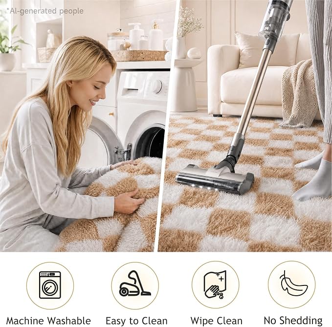 Ophanie Checkered Beige & White Rug for Living Room Bedroom,Fluffy Soft Cute Fuzzy Area Rugs,Shag Plush Shaggy Bedside Floor 4x6 Furry Carpet Kids Baby Teen Dorm Decor with Over 99 pcs Pile fibers