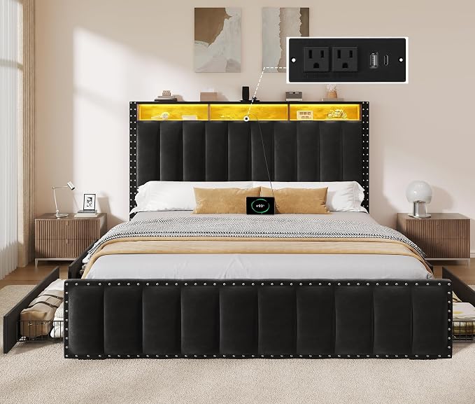 YITAHOME Queen Size Bed Frame with 4 Storage Drawers and RGB LED Lights, Velvet Upholstered Platform Bed with Charging Station and Storage Headboard, No Box Spring Needed, Easy Assembly, Black