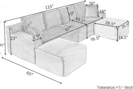 115" U-Shaped Cloud Sectional Couch, Modular Compressed Boneless Sectional Sofa W/Reversible Ottoman Chaise Lounge, Plush Corduroy Boneless Symmetrical Sofa for Living Room