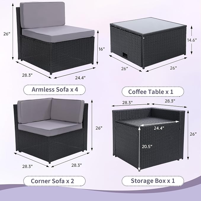 KROFEM 8-Piece Patio Furniture Set, Outdoor Wicker Rattan Sectional with Thick Cushions, Glass Top Table with Hidden Storage, Outdoor Conversation Set for Backyard, Porch, Patio, Black and Grey