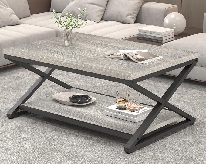 HSH Rustic Grey Coffee Table, Modern Minimalist Living Room Table with Storage Shelf, Industrial Simple Metal Wooden Center Table, 2 Tier Rectangle Cocktail Tea Table for Home Office Bedroom, 39 Inch